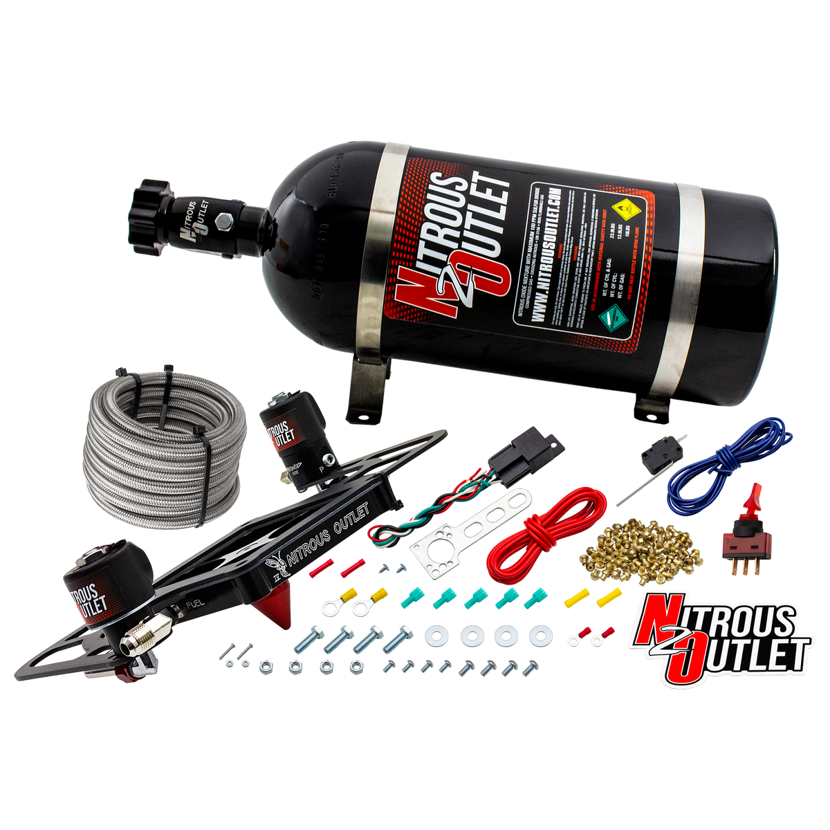 Nitrous Outlet 4500 Stinger 4 System - Hard-line/.122 Nitrous Solenoid/.177 Fuel Solenoid/Boomerang Solenoid Bracket - (Gas/E85)(5-55 psi)(50-500 HP)(12lb Bottle)