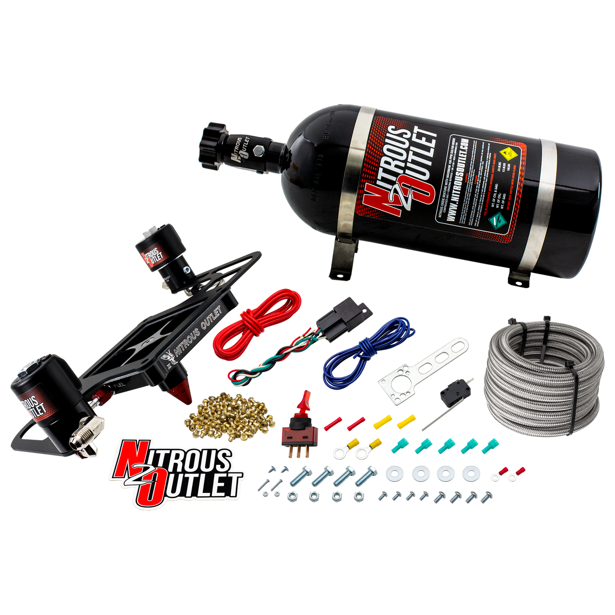 Nitrous Outlet 4500 Stinger 3 Race System - Hard-line/.178 Trashcan Nitrous Solenoid/.310 Fuel Solenoid/Boomerang Solenoid Bracket - (Gas/E85)(5-55 psi)(50-600 HP)(12lb Bottle)