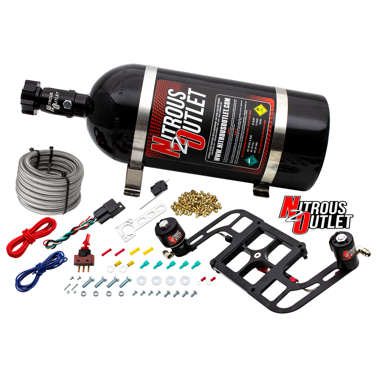 Nitrous Outlet 4500 Stinger 4 Race System - Hard-line/.178 Trashcan Nitrous Solenoid/.310 Fuel Solenoid/Boomerang Solenoid Bracket - (Gas/E85)(5-55 psi)(50-600 HP)(15lb Bottle)