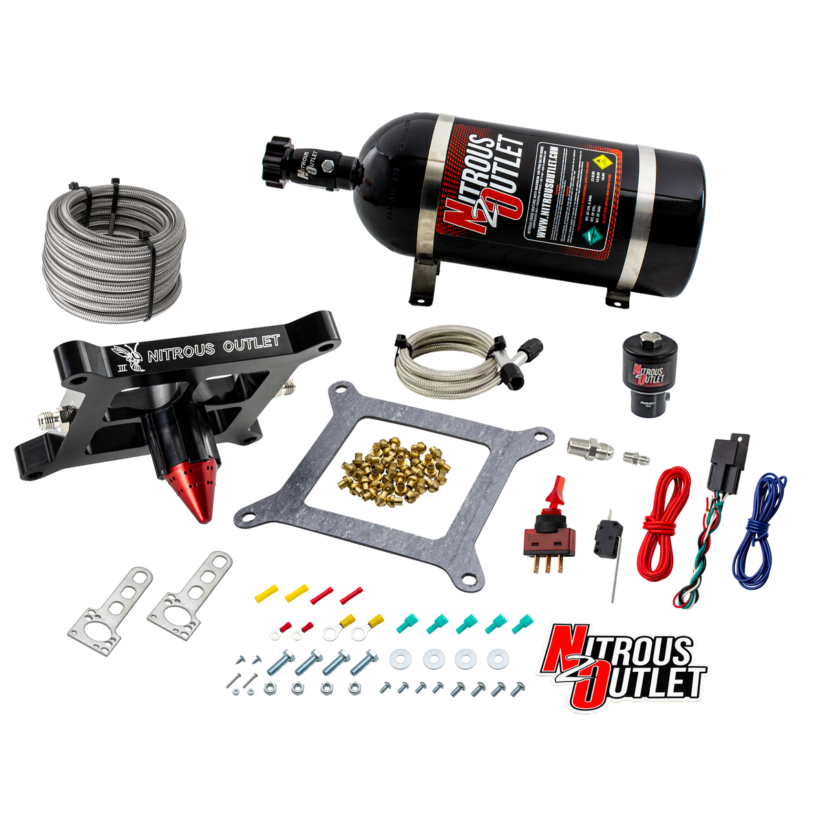 Nitrous Outlet 4150 Stinger 3 Dry Race System - Braided Hoses/.178 Trashcan Nitrous Solenoid/Universal Solenoid Bracket - (50-600 HP)(No Bottle)
