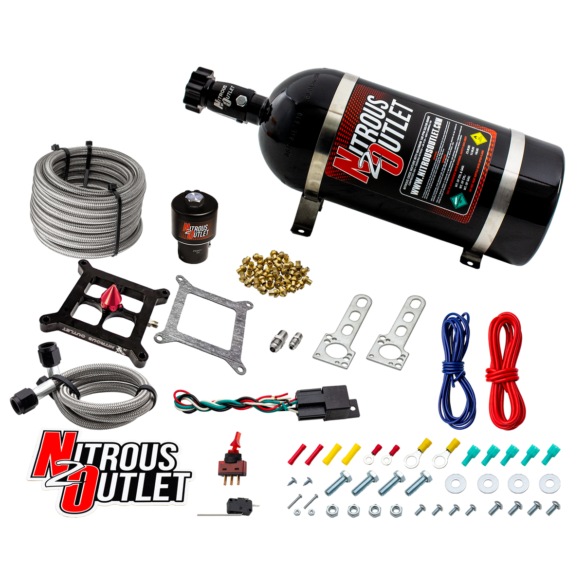 Nitrous Outlet 4150 Stinger 4 Dry Race System - Braided Hoses/.178 Trashcan Nitrous Solenoid/Universal Solenoid Bracket - (50-600 HP)(12lb Bottle)