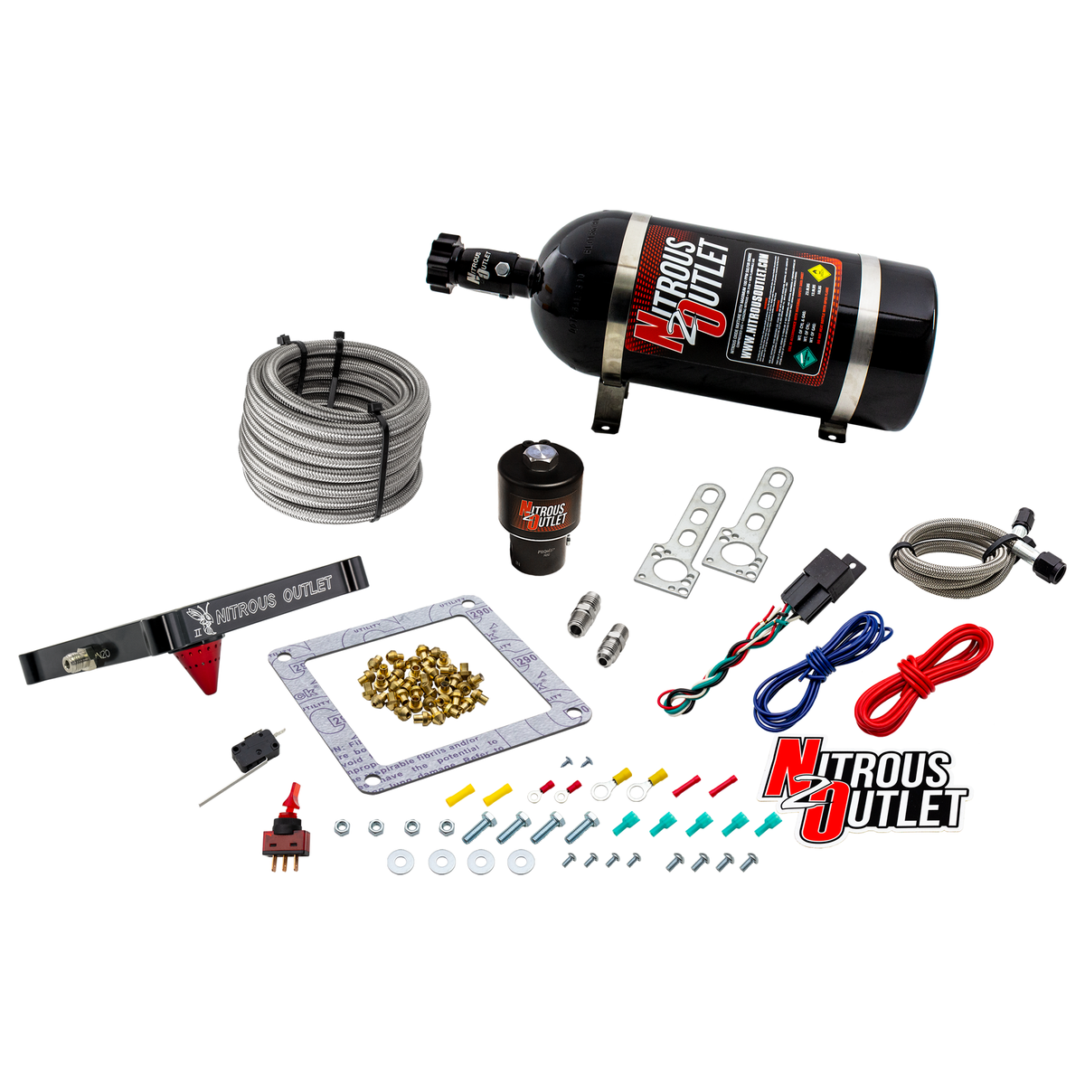 Nitrous Outlet 4500 Stinger 2 Dry Race System - Braided Hoses/.178 Trashcan Nitrous Solenoid/Universal Solenoid Bracket - (50-600 HP)(No Bottle)