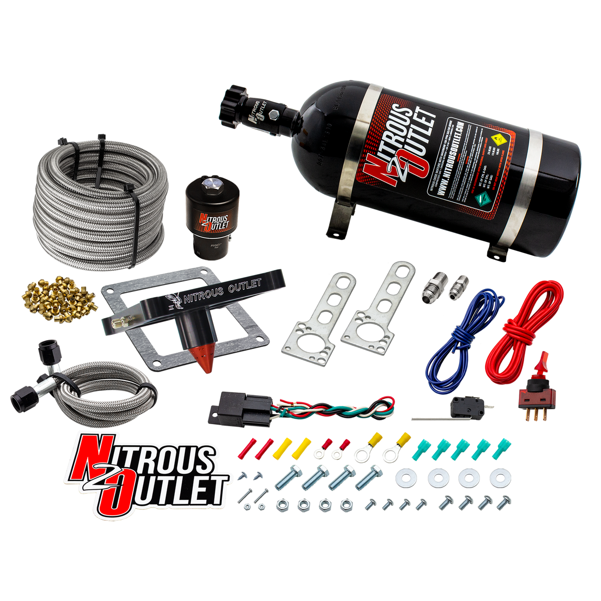 Nitrous Outlet 4500 Stinger 3 Dry Race System - Braided Hoses/.178 Trashcan Nitrous Solenoid/Universal Solenoid Bracket - (50-600 HP)(12lb Bottle)
