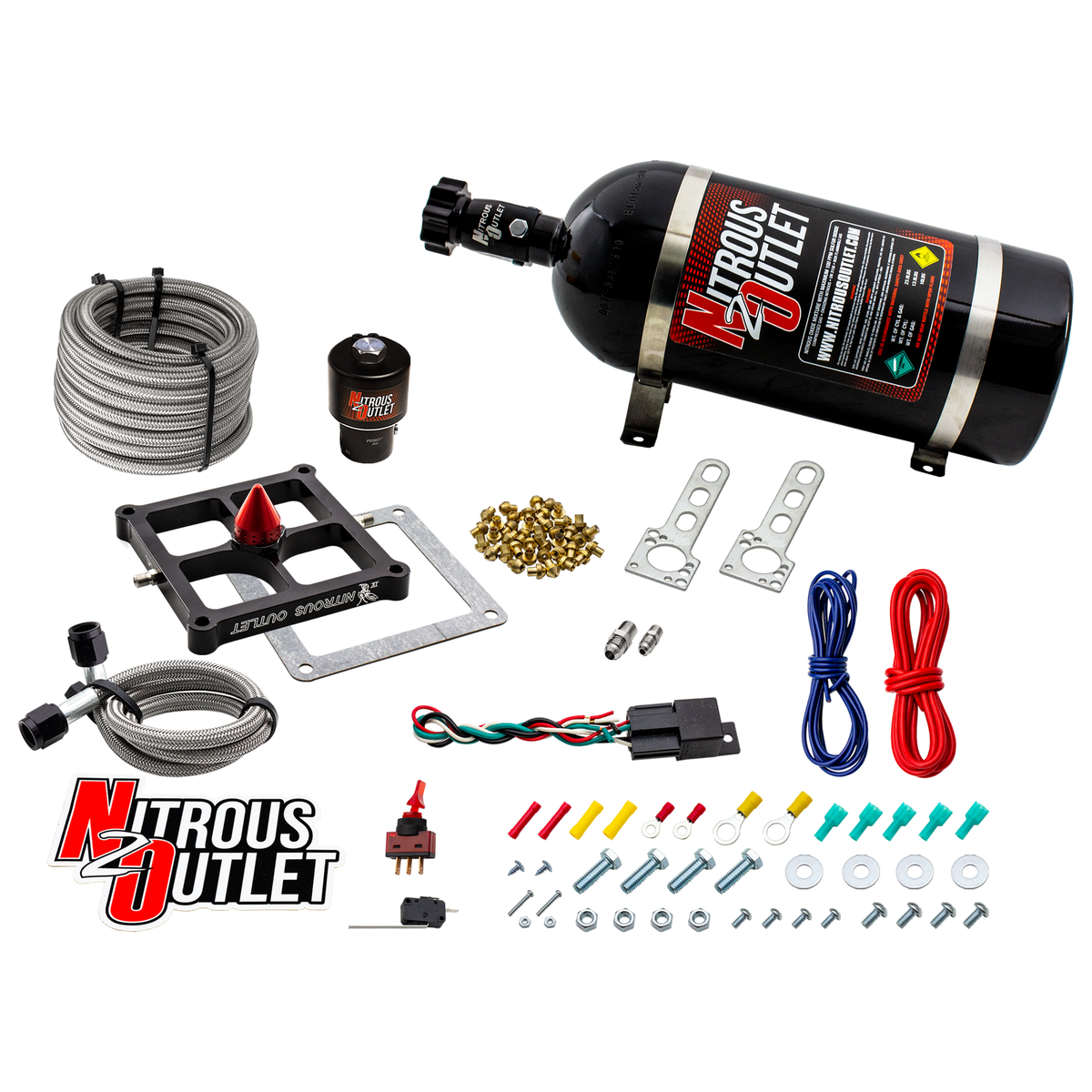 Nitrous Outlet 4500 Stinger 4 Dry Race System - Braided Hoses/.178 Trashcan Nitrous Solenoid/Universal Solenoid Bracket - (50-600 HP)(12lb Bottle)