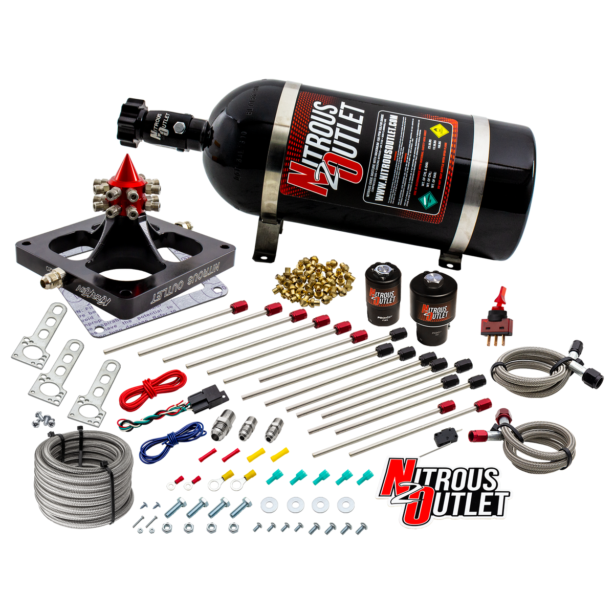Nitrous Outlet 4500 Kraken Competition System - Braided Hose/.189 Competition Trashcan Nitrous Solenoid/.310 Fuel Solenoid/Universal Solenoid Brackets (Alcohol)(5-7-10 psi)(200-950 HP)(No Bottle)