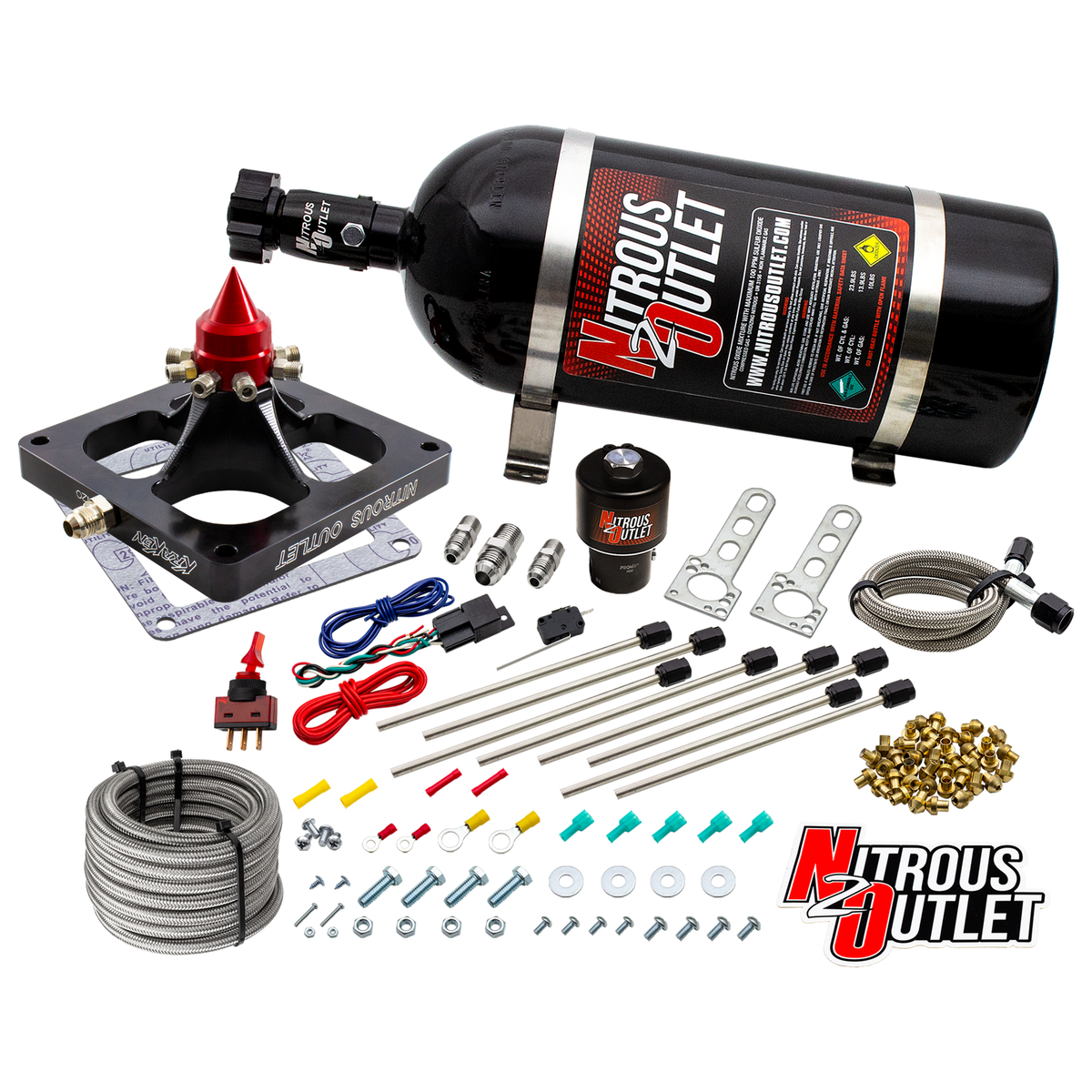 Nitrous Outlet 4500 Dry Kraken Competition Plate System - Braided Hose/.189 Competition Trashcan Nitrous Solenoid/Universal Solenoid Bracket (200-950 HP)(No Bottle)