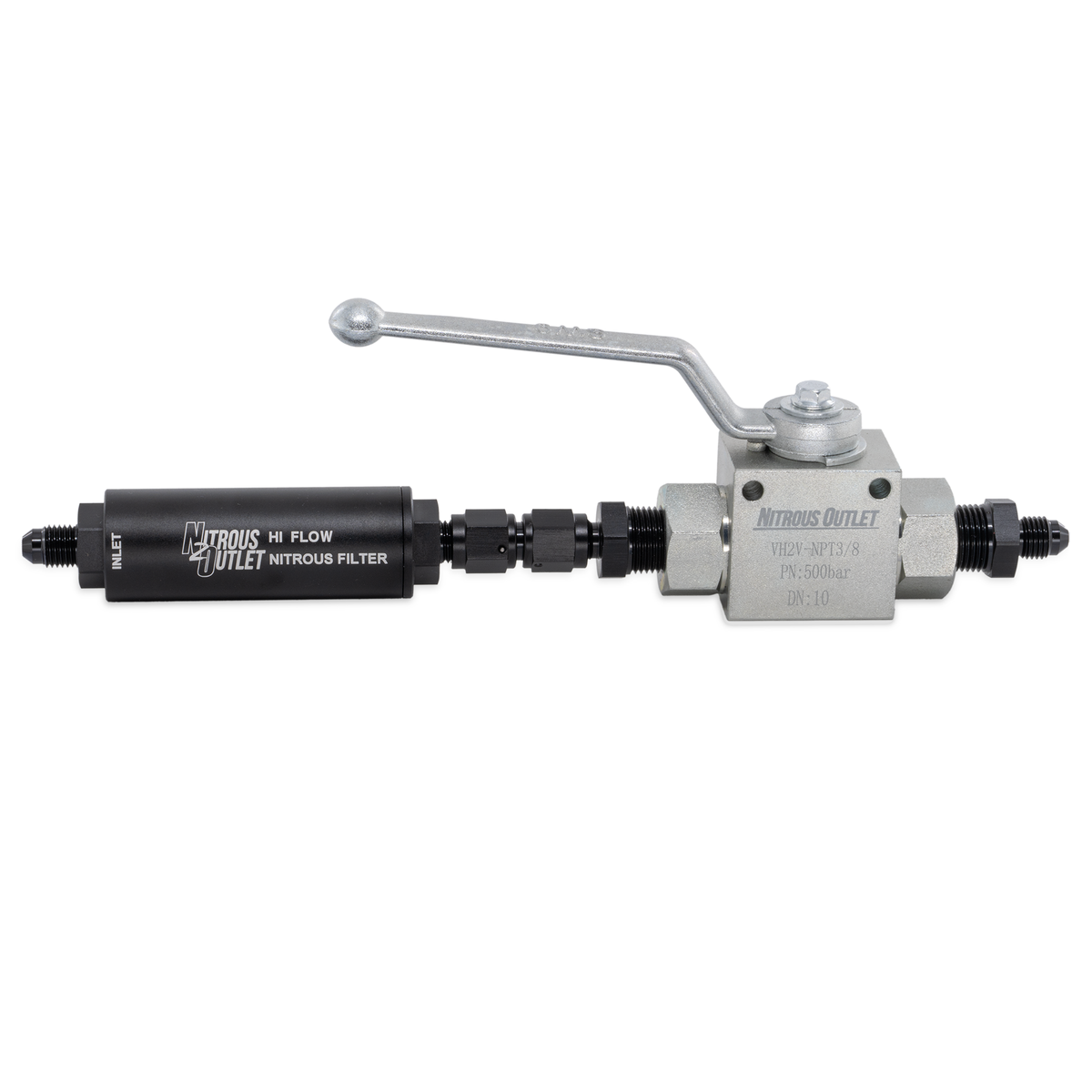 Nitrous Outlet Stainless Steel Inline Shut Off Ball Valve With Filter - 7,250 PSI / 4AN Fittings