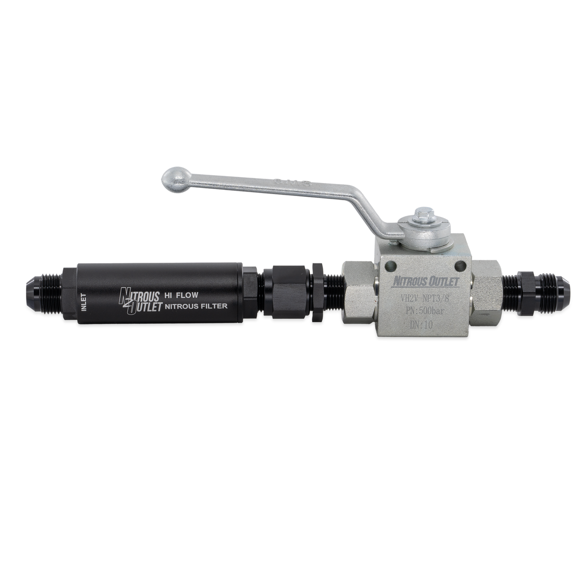 Nitrous Outlet Stainless Steel Inline Shut Off Ball Valve With Filter - 7,250 PSI / 8AN Fittings