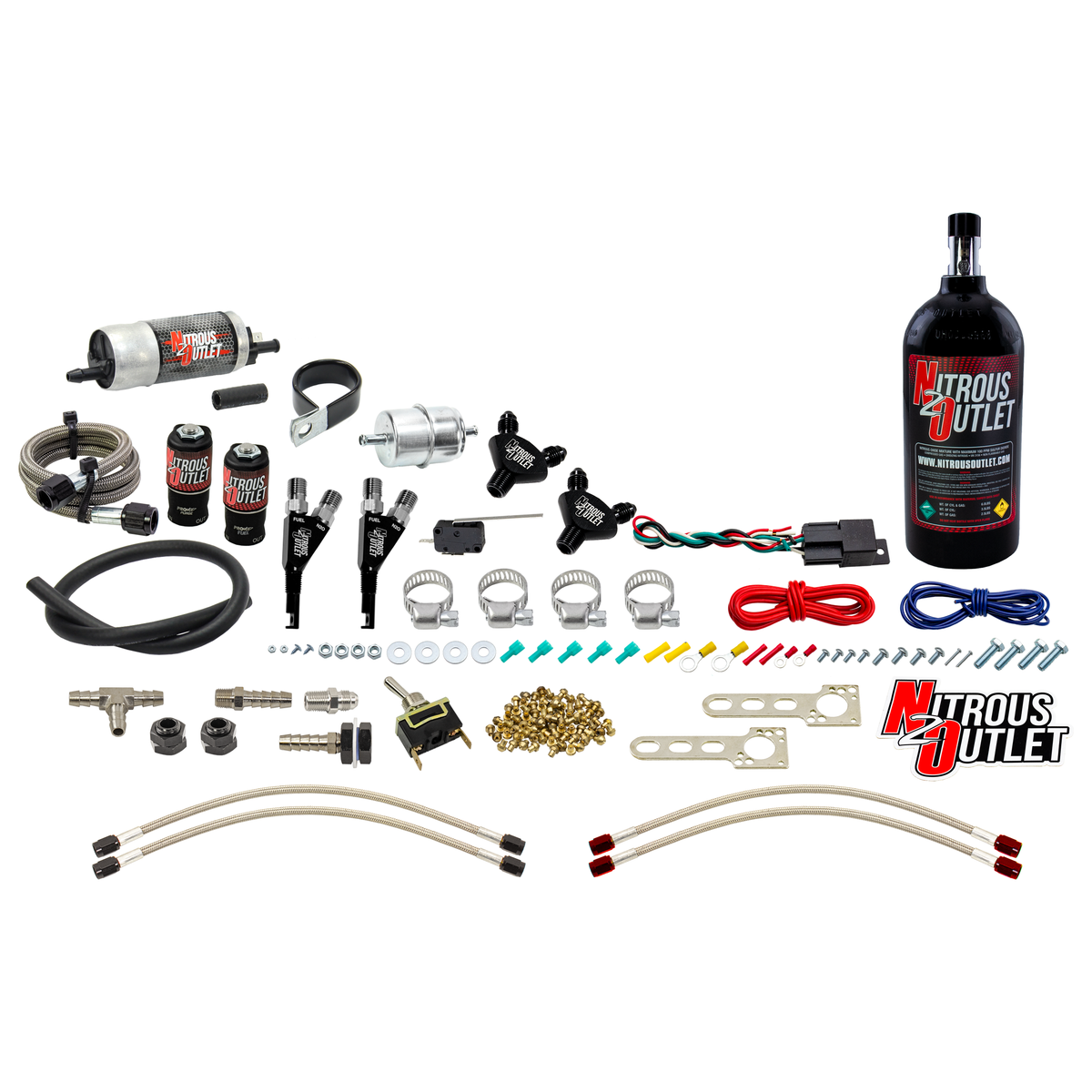 Nitrous Outlet Powersports Twin Cylinder Wet Nozzle System (Aluminum 90 Degree Nozzles)(Gas)(6 psi)(20,30,40,50,60 HP)(2.5LB Bottle)