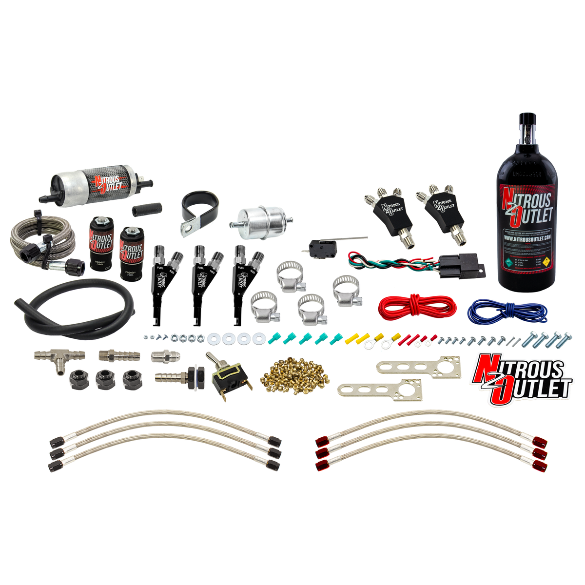 Nitrous Outlet Powersports Three Cylinder Wet Nozzle System (Aluminum 90 Degree Nozzles)(Gas)(6 psi)(30,45,60,75,90 HP)(No Bottle)