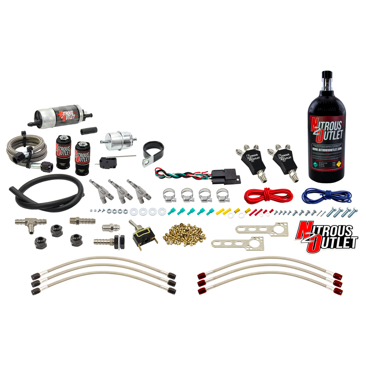 Nitrous Outlet Powersports Three Cylinder Wet Nozzle System (Stainless 90 Degree Nozzles)(Gas)(6 psi)(30,45,60,75,90 HP)(5LB Bottle)