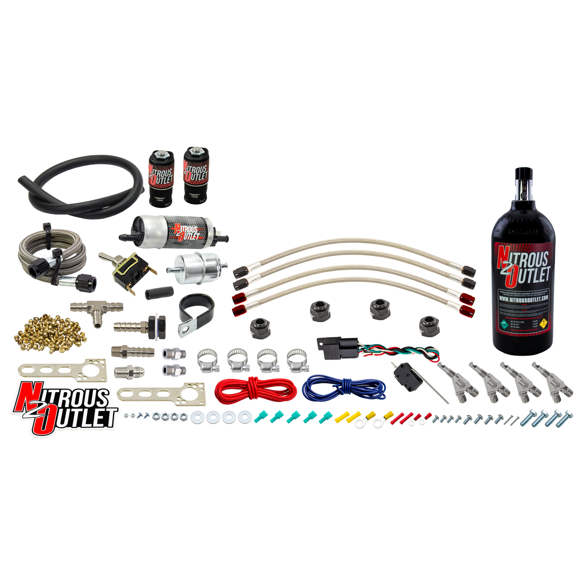 Nitrous Outlet Powersports Four Cylinder Wet Nozzle System (Aluminum 90 Degree Nozzles)(Gas)(6 psi)(40,60,80,100,125 HP)(2.5LB Bottle)