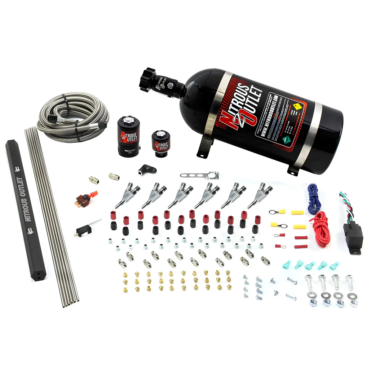 Nitrous Outlet 6 Cylinder Direct Port System - .122 Nitrous Solenoids/.177 Fuel Solenoids/Dual Passage Injection Rail/90 Degree Discharge Nozzles (Gas)(45-55 psi)(75-375HP)(No Bottle)