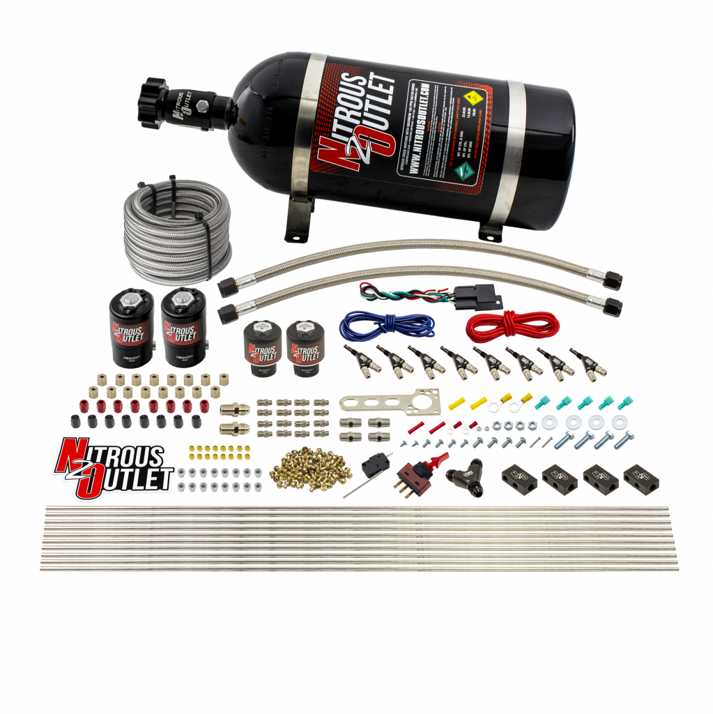 Nitrous Outlet 8 Cylinder Direct Port System - Two .112 Nitrous Solenoids/Two .177 Fuel Solenoids/Compact Distribution Blocks/Compression Fittings/90 Degree Discharge Nozzles (E85)(5-7-10 psi)(100-400HP)(No Bottle)