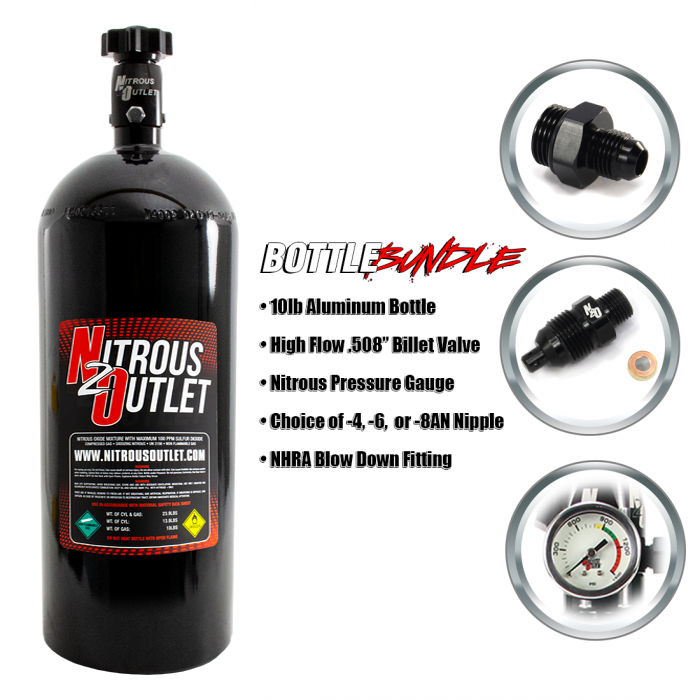 Nitrous Outlet 10lb Bottle Bundle - .508 ID Billet Valve/4AN Nipple/NHRA Blow Off/Pressure Gauge