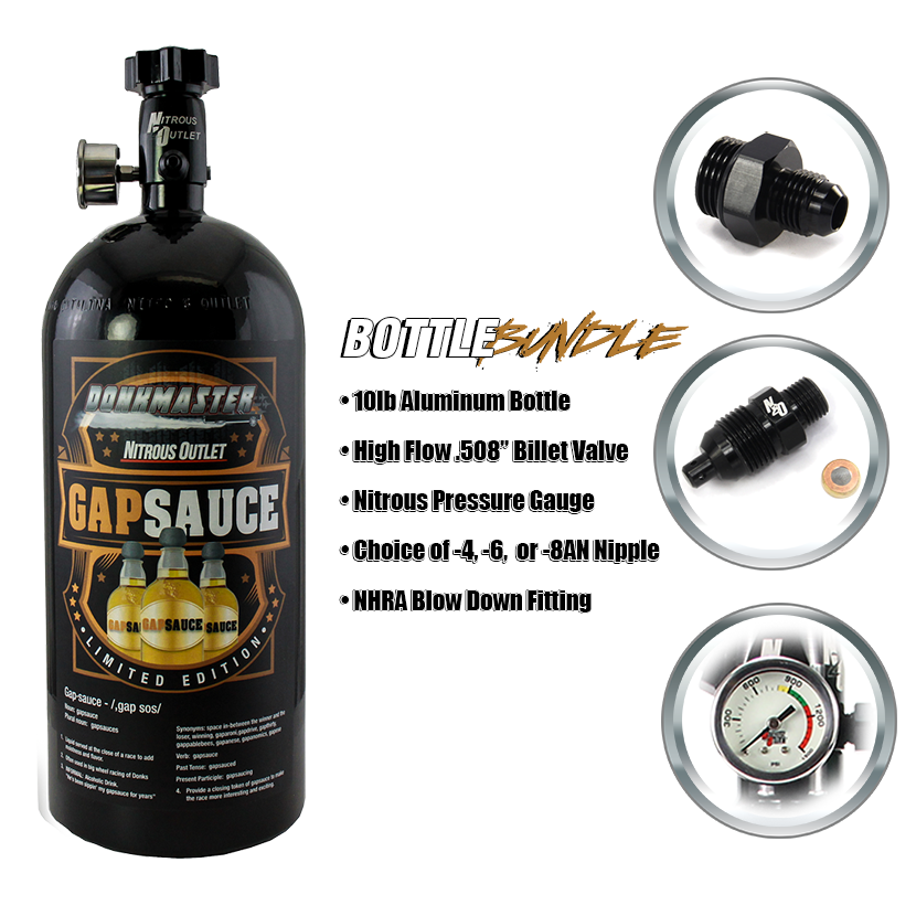 Nitrous Outlet Gap Sauce Bottle Bundle 10lb Nitrous Bottle - .508 ID Billet Valve/8AN Nipple/NHRA Blow Off/Pressure Gauge